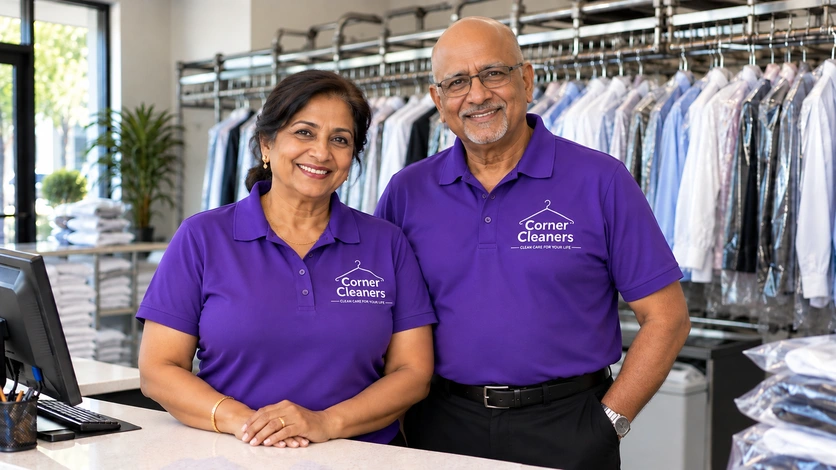 Corner Cleaners owners at the front counter