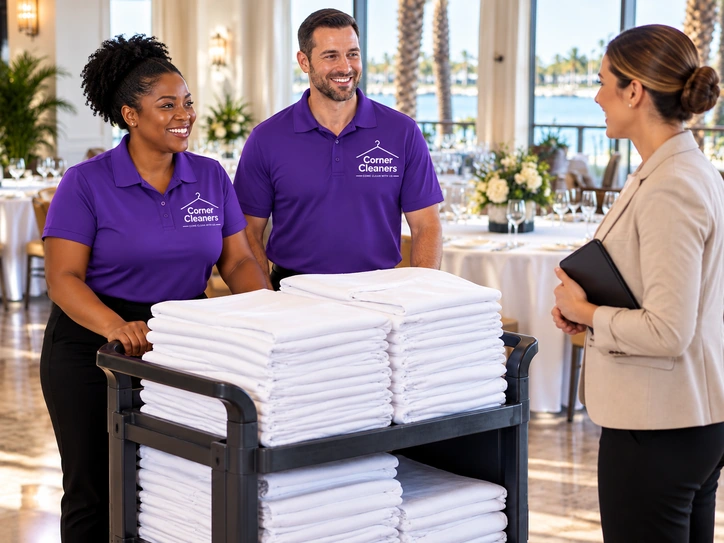 Staff with a cart of folded linens speaking with a venue manager