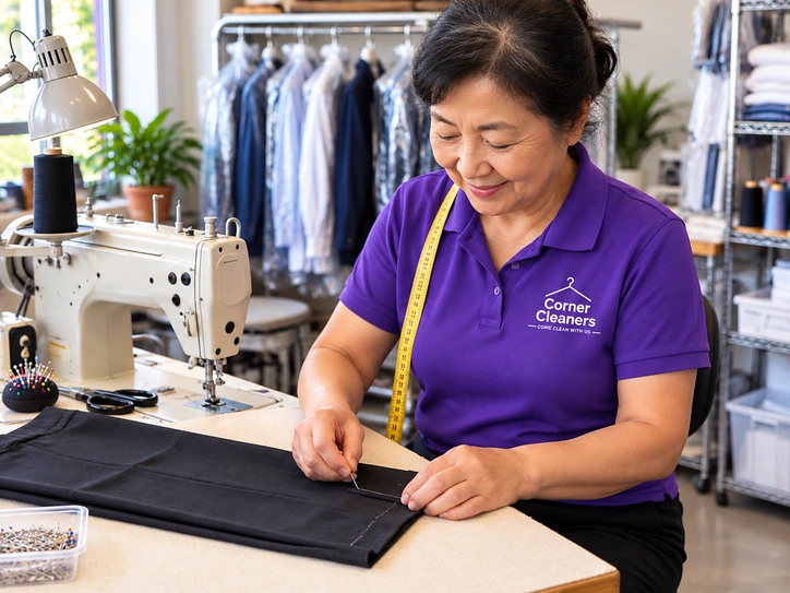 Tailor pinning a pant hem