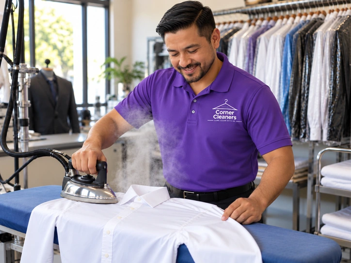 Staff steam-pressing a white shirt